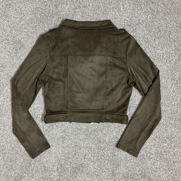 American Rag Cie Jacket Womens Medium Green Faux Suede Moto Belted Biker Cropped - Picture 2 of 14